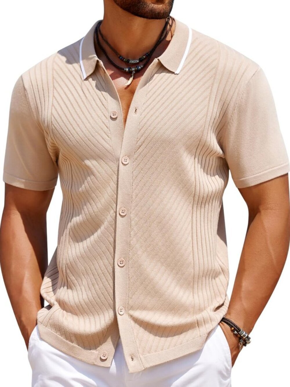 Men’s Sesame Knit Short Sleeve Button Down Vintage Polo Summer Shirt